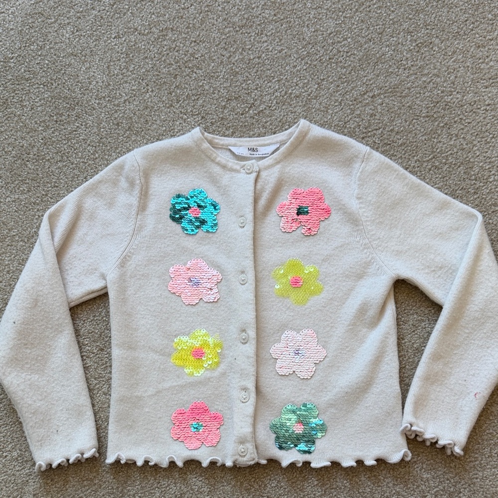 Marks & Spencer Cream Girls Cardigan with Sequin Flower Accents